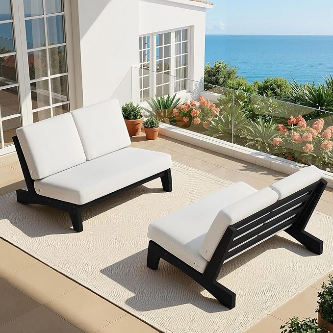 UIXE All Weather Patio Furniture Sets, 3 Pieces Black Wood Patio Loveseat Sofa Outdoor Sectional Futniture Backyard Conversation Set with Solid Wooden Coffee Table - Beige