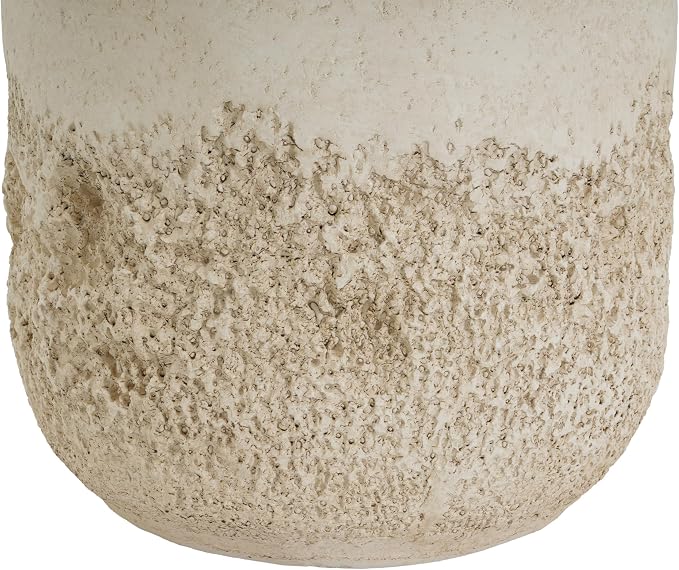 Verna Outdoor Patio Round MGO Side Table, Dual-Texture Accent End Table with Faux Wood Grain Top, Beige Organic Modern Stand for Balcony Garden Poolside Living Room Bedroom