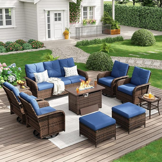 LazySunsets Luxury 12-Piece Patio Furniture Set with 44'' Fire Pit Table, 360° Swivel Chairs, Wicker Rattan Sofa & Thick Cushions, Outdoor Conversation Set for Backyard, Poolside, Brown/Navy Blue
