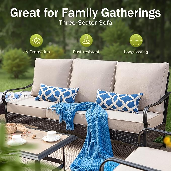 Patio Furniture Set with 56" Fire Pit Table, Premium Outdoor Wicker Metal Frame Furniture with Upgraded Waterproof Thick Cushions for Porch, Poolside, Deck, and Yard （8 Pieces,Beige）