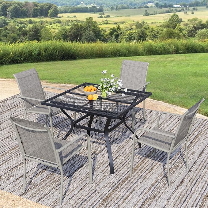 5-Piece Outdoor Dining Set, Square Metal Table with Grey Chairs, Black Patio Table with Umbrella Hole for Garden, Yard, Patio