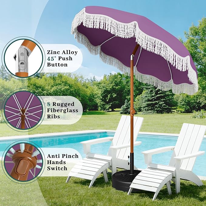 AreShark 7ft Patio Umbrella with Fringe, UPF50+ Beach Umbrella for Table, Pool & Garden, Portable Outdoor Tassels Umbrella w/Fiberglass Ribs&Push Bottom Tilt(Lavender)
