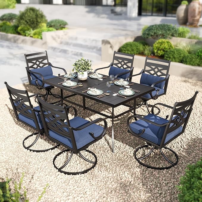 PHI VILLA Patio Dining Set, Swivel Chairs, Metal Table | Metal chairs, Blue Cushion, Umbrella Hole, Cushions, E-coated