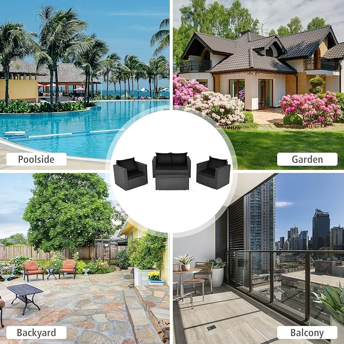 COSTWAY 4-Piece Patio Rattan Furniture Set, Cushioned Sofa Chair, Loveseat and Coffee Table with Tempered Glass Top, Outdoor Conversation Sets for Garden Poolside Balcony Porch (Black)