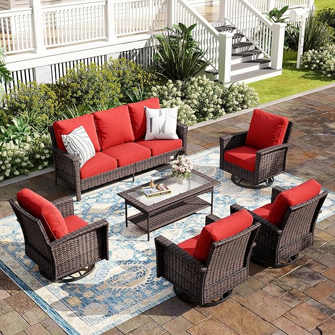 6-Piece Wicker Patio Furniture Set with Swivel Chairs, High Back Outdoor Sofa with 5.5-inch Thick Cushion, All-Weather Wicker Patio Conversation Set for Deck Yard Pool, Red