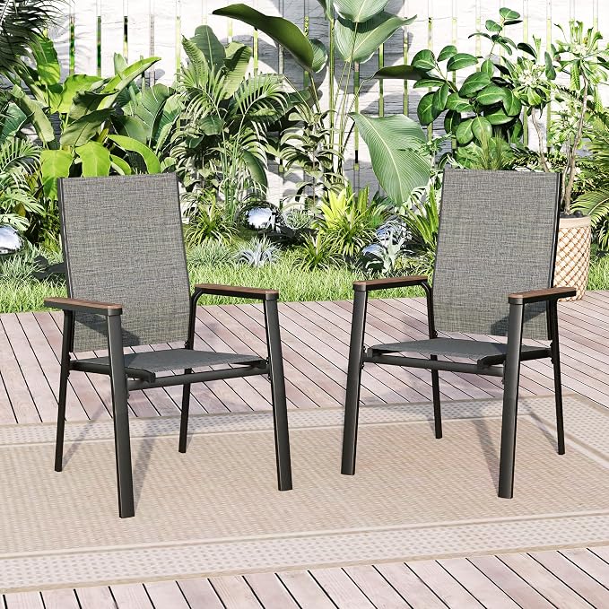 Sophia & William Patio Dining Chairs Set of 2, Stackable Aluminuum Frame | Grey textilene, Weather-resistant, light-weight & space-saving, Breathable & quick-drying, Outdoor deck backyard porch