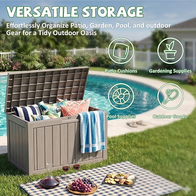 DRATO 50 Gallon Outdoor Storage Box Waterproof, Lockable Resin Deck Box for Patio Furniture, Pool Supplies & Garden Tools, Weatherproof Outside Storage Bin for Backyard Porch (Grey, 50 Gallon)
