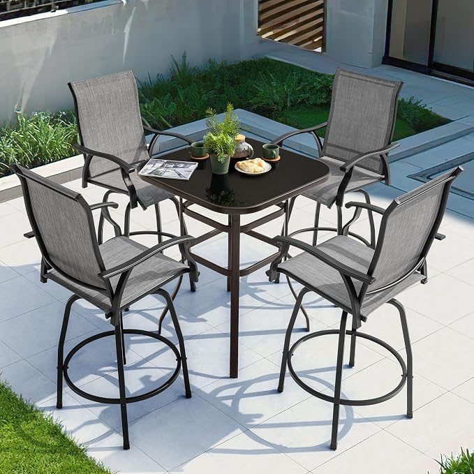 NUU GARDEN 5 PCS Patio Bar Set,Glass Square Table andSwivel Stools