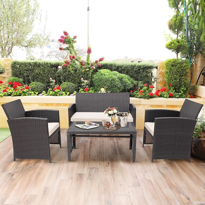 HAPPYGRILL Set of 4 Rattan Conversation Set Outdoor Wicker Furniture Set with Tempered Glass Coffee Table, Soft Cushions, Weather-Resistant Rattan Chair Set for Garden Backyard Poolside
