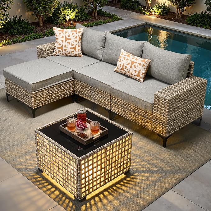 Patio Furniture Set, 5 Pieces Outdoor Wicker Conversation Sets with Coffee Table Outdoor Sectional Sofa for Balcony Backyard Poolside Garden Lawn (Gray)