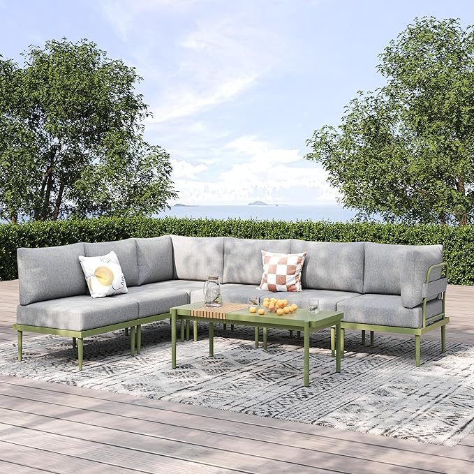 Metal Patio Furniture Set, 7 Pieces Outdoor Sectional Couch Sets with Coffee Table & Washable Thick Cushion, Outdoor Corner Sofa Set for Deck, Patio, Backyard (Gray/Green)