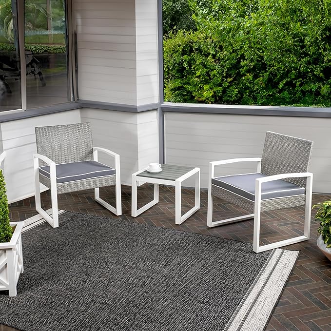 JONATHAN Y LVG1101A-3SET Selby 3-Piece Modern Coastal Faux Wicker Conversation Outdoor Patio Set Mid-Century, Classic, Contemporary, Traditional, Minimalist, White/Gray