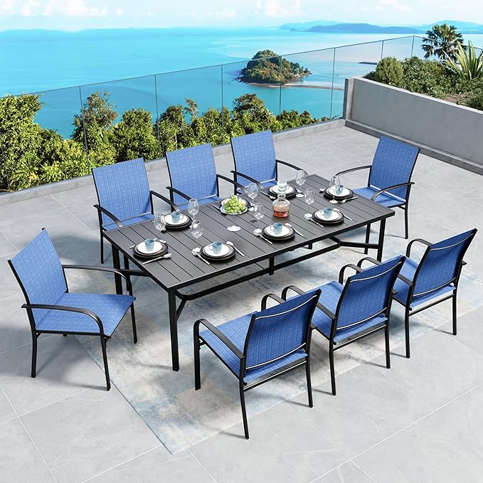 SUNSHINE VALLEY Patio Dining Set 9 PCS, 8 Stable Outdoor Dining Chairs with Rectangular Dining Table, Patio Table and Chairs Set for Lawn,Garden,Deck and Backyard