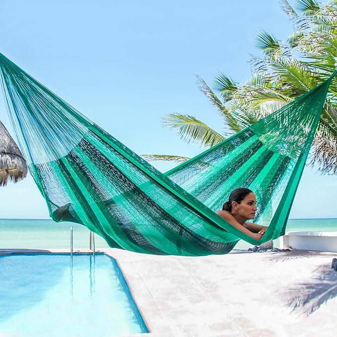 NOVICA Multicolor Green Striped Hand Woven Nylon Mayan 1 Person Rope Hammock, 'Caribbean Dream' (Single)