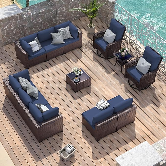 ALAULM 12 Pieces Patio Furniture Set with 2 Swivel Chairs Wicker Patio Conversation Set, Outdoor Sectional Furniture w/Coffee Table & Washable Seat Cushions-Dark Blue