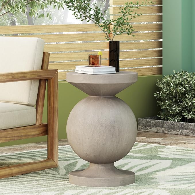 Outdoor Side Table 17.25" Geometric Shape Lightweight Concrete-Look Outdoor Indoor Accent Table Decorative Garden Stools, for Patio Porch Living Room, Grey