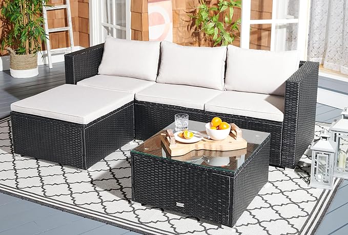 SAFAVIEH Outdoor Collection Madalina Black/Light Grey Wicker Conversation Patio Set