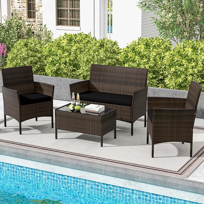 ORALNER 4 Pieces Patio Furniture Set, Rattan Chairs Loveseat with Soft Cushion and Glass Table, Outdoor Wicker Conversation Set for Balcony Garden Backyard Porch Poolside (Black)