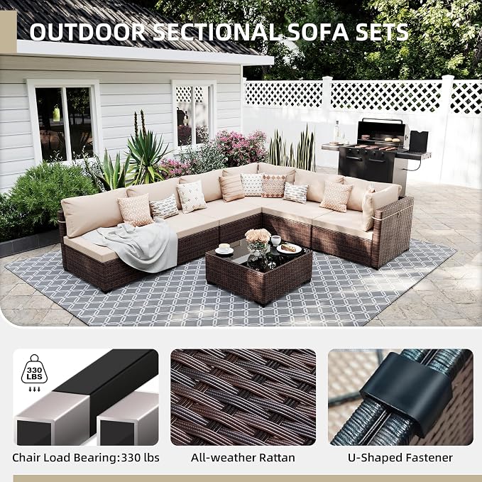UPHA 9 Pieces Patio Furniture Sets, Wicker Outdoor Sectional Sofa Couch with Rectangle Propane Pit for Deck Backyard Garden, Brown Rattan, Beige Cushion