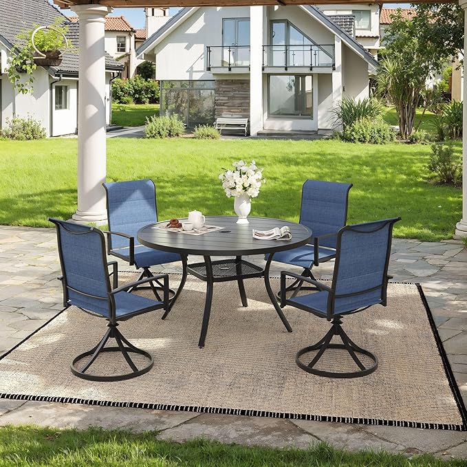 VICLLAX 5 Pieces Outdoor Dining Set, Patio Furniture Set Includes 40.6" Round Metal Table W/ 1.9" Umbrella Hole and 4 Padded Textilene Swivel Chairs for Porch, Lawn, Garden, Backyard