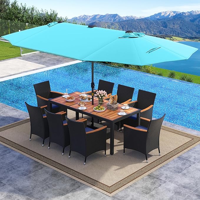 Tangkula 11 Pieces Patio Dining Set with Double-Sided Led Patio Umbrella (Base Included), with 8 Stackable Chairs, Acacia Wood Dining Table and Large Umbrella with Solar Lights (Turquoise + Navy)