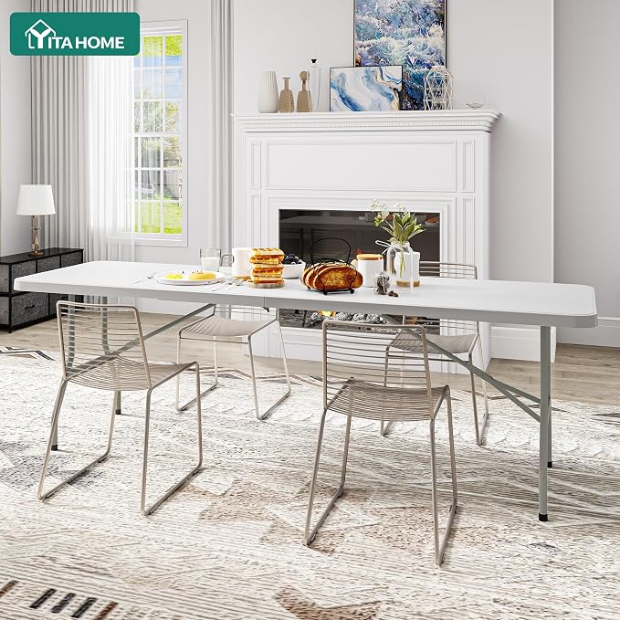 YITAHOME 8FT Folding Tables, Heavy Duty White Folding Table with Carrying Handle, Plastic Fold up Table for Outdoor Camping Picnic Parties/Indoor Events, White