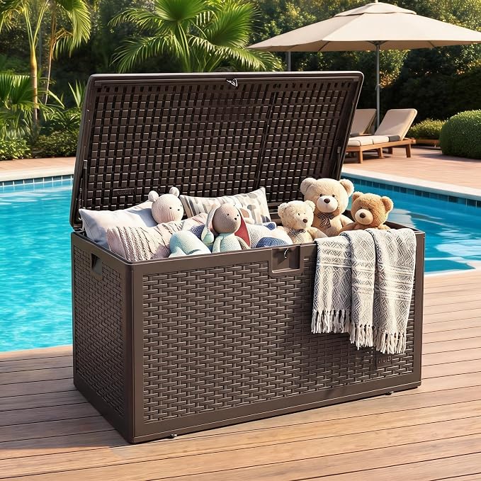 99 Gallon Wicker Resin Deck Box – Lockable Outdoor Storage Container with Handles & Hydraulic Rod, Waterproof Patio Storage Bin for Furniture, Tools, Pool & Garden, Brown