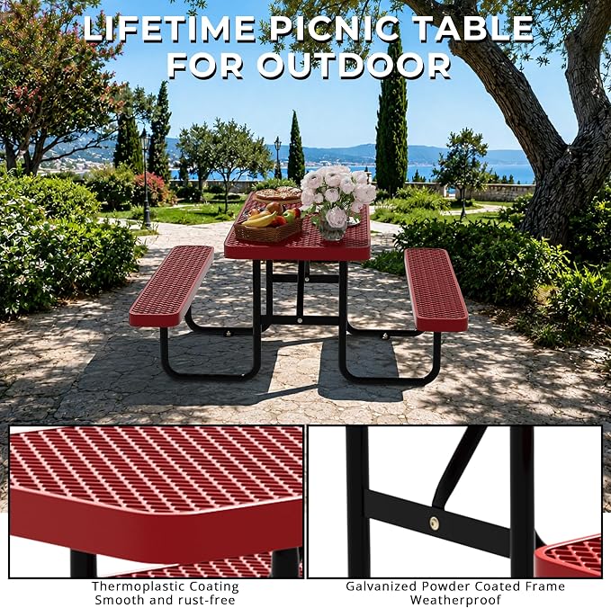 4FT Rectangular Steel Outdoor Picnic Table, Commercial Picnic Table Bench Set with Umbrella Hole, Weather-Resistant Heavy Duty School Dining Table for Stores, Park, Patio, Garden, Backyard, Red
