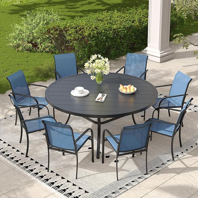 Patio Table and Chairs Set for 8, Outdoor Dining Set with 8 Stackable Dining Chairs and 53" x 53" Metal Slatted Round Dining Table for Porch, Deck, Lawn, Garden, Dark Blue & Black
