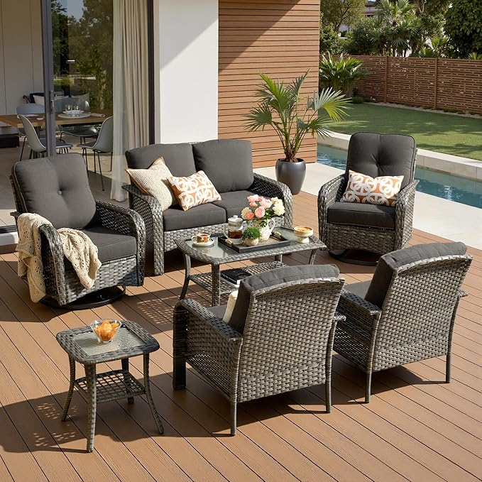7-Piece Patio Furniture Set, Outdoor Wicker Furniture with Coffee Table, High Back Swivel Rocker Patio Chairs, Modern Rattan Outdoor Chairs Conversation Set for Porch, Balcony, Garden, Black