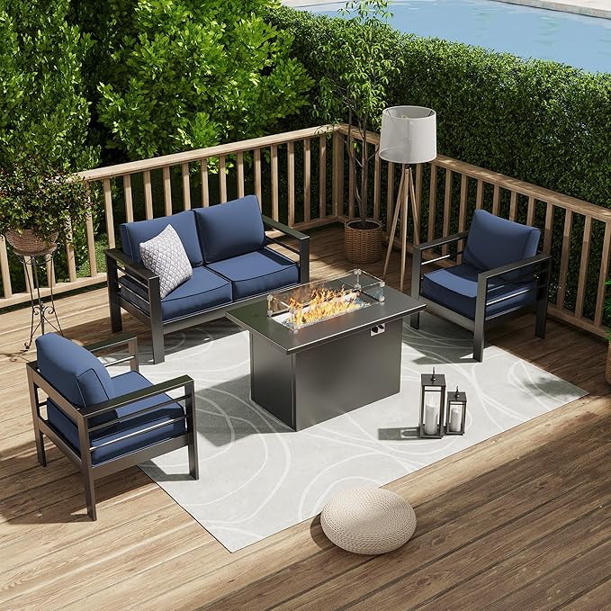 Amopatio Patio Furniture with Fire Pit, 5 Pcs Aluminum Outdoor Sectional Metal Patio Sofa Sets with Aluminum Fire Pit Table for Backyard,Dark Grey&Blue(Included Waterproof Covers)