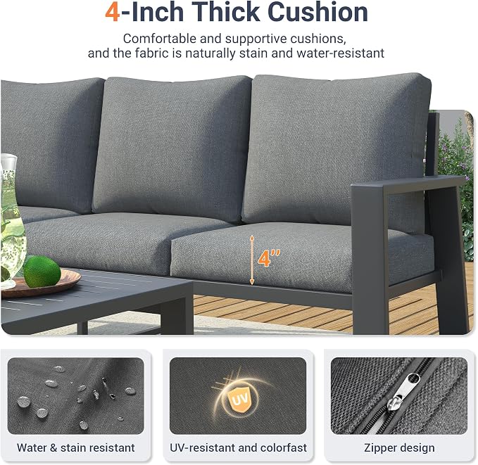 UDPATIO Aluminum Patio Furniture Set, 4 Pieces Sectional Metal Conversation Sofa Modern Seating Set with Coffee Table for Outdoor Garden Backyard, Dark Grey