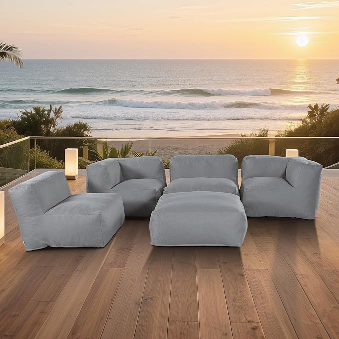 Patio Furniture Set, 5Pcs Outdoor Conversation Set with Bean Bag Middle Chairs, Corner Chair, Ottomans, Modern Foam Couch Set for Garden, Deck, Balcony (5, Deep Gray)