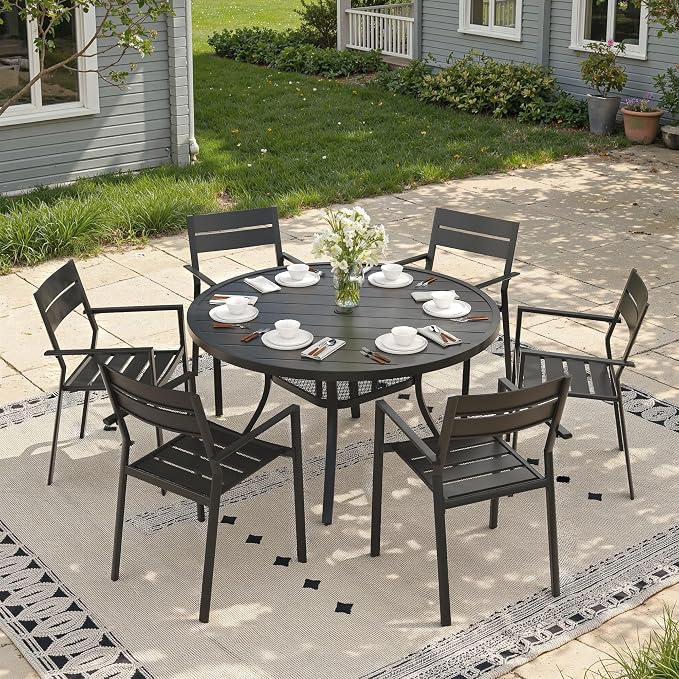 Patio Dining Set for 6, 47.2" Outdoor Dining Table and Chairs Set with Stackable Patio Chairs Outdoor Furniture for Garden Deck Backyard, Black Table and Black Chairs