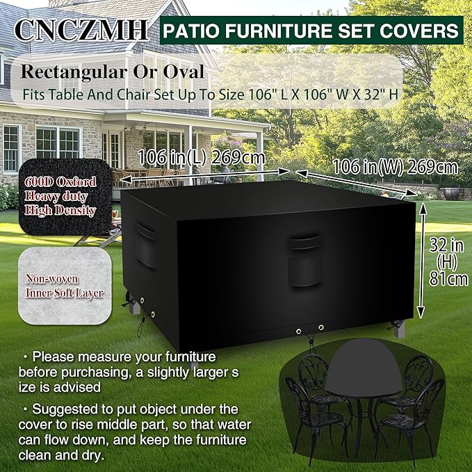 Square Heavy Duty Patio Table Covers Waterproof, 600D Outdoor Dining Table and Chair Set Covers, Outdoor Furniture Cover Waterproof for Sectional Sofa Couch 106''L x 106''W x 32''H, Black