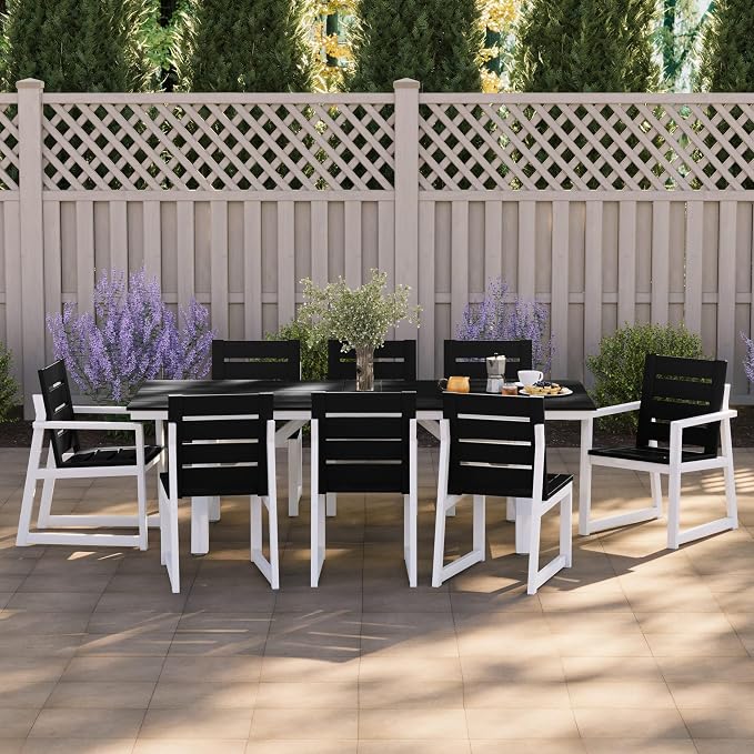 WestinTrends Cape May 9-Piece HDPE Outdoor Furniture Patio Dining Table with Umbrella Hole and Chairs Set for 8, Black