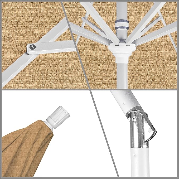 California Umbrella 9' Round Aluminum Patio Umbrella, Crank Lift, Collar Tilt, White Pole, Sunbrella Linen Sesame