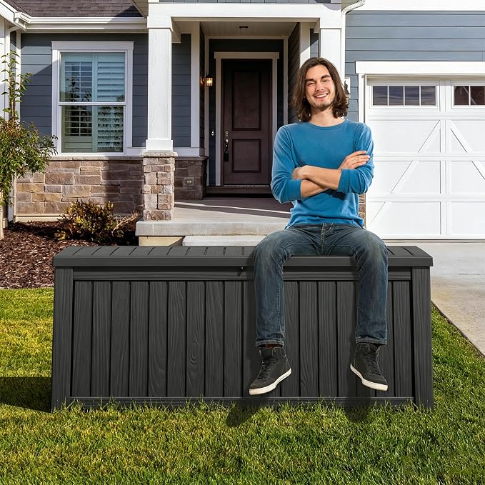Fancyango 220 Gallon Outdoor Deck Box Waterproof, Large Storage Box for Patio, Resin Storage Bench Lockable for Garden Tools, Package Delivery, Black