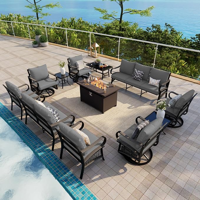 12-Piece Outdoor Furniture Set, Metal Swivel Rocking Chairs with All-Weather Cushions, Patio Conversation Set with Fire Pit Table for Deck, Porch, Garden, Backyard, Poolside (Gray Cushions)