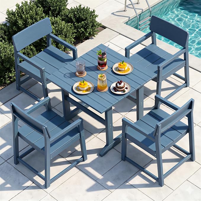 JAMFLY 5 Piece Outdoor Dining Set, All Weather Patio Table and Chairs for Backyard Garden Deck Lawn Pool, Sturdy All Weather Outdoor Furniture Set, Blue