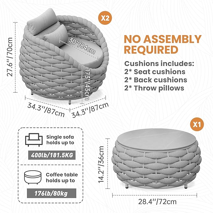 Front Porch Furniture Set: 3 Pieces Aluminum Patio Conversation Sofa Set for 2 - All Weather Woven Rope Outdoor Armchair Set w/Cushions No Assembly for Bistro Pool Yard Balcony Deck Hotel, Gray