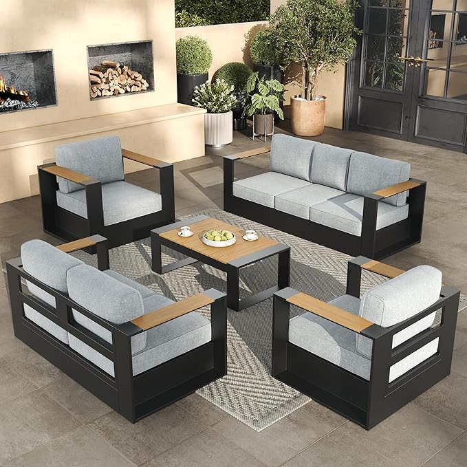 Aluminum Patio Furniture Set, 7 Seats Luxury Seating Furniture with Coffee Table, All Weather Outdoor Conversation Sets with 6" Thickened Cushions