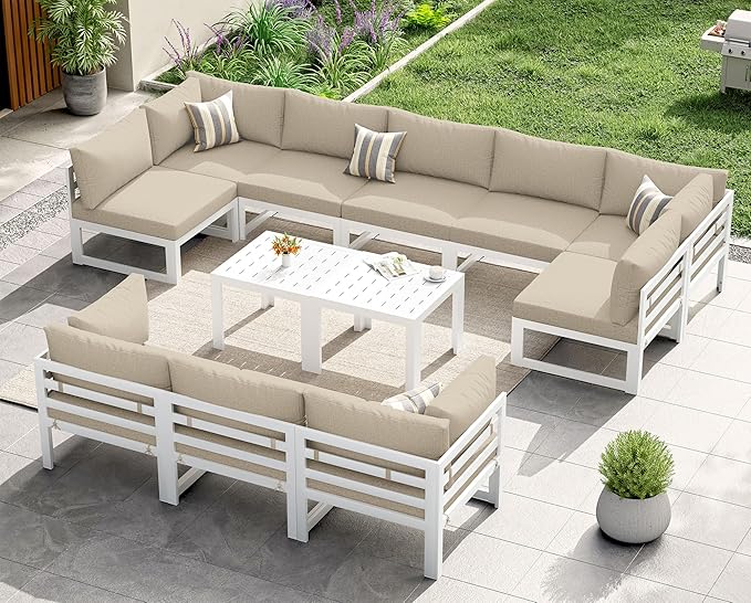 NICESOUL 12 Piece Luxury Aluminum Outdoor Sectional Sofa with End Table, L Shaped Oversized Modular Patio Furniture Set, 29" Deep Wide Seating, 500 lbs Heavy Duty Conversation Set for Backyard, Beige