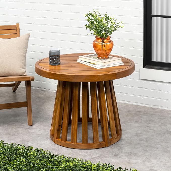 JONATHAN Y Solanya 28" Round Acacia Wood Outdoor Coffee Table with Slatted Tapered Base, Weather-Resistant Solid Wood Center Table for Patio, Garden, Deck, Natural Brown END7000A