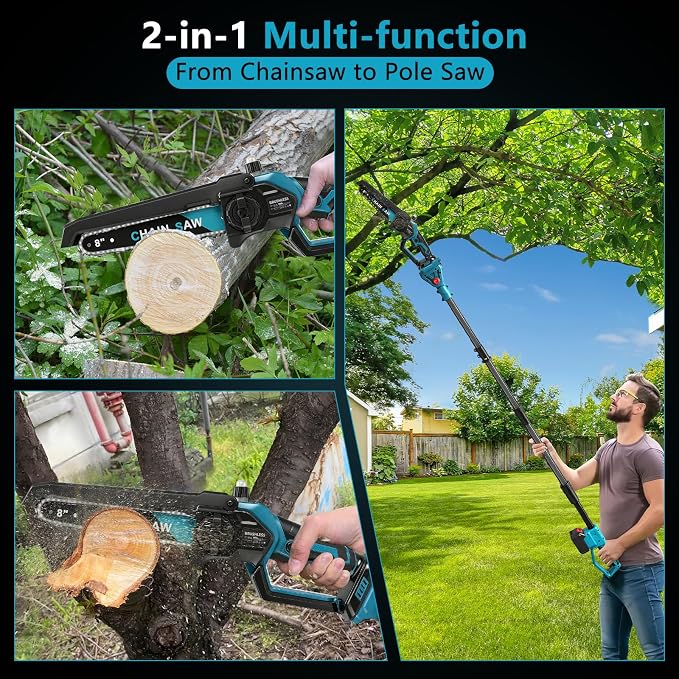 2-In-1 Cordless 8 Inch Pole Saw & Chainsaw Compatible with Makita 18V Battery (No Battery), Brushless Electric Chainsaw with Extension Pole, 15ft Max Reach for Tree Trimming Branch Cutting