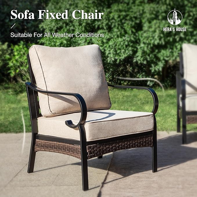 HERA'S HOUSE 5 Piece Metal Patio Furniture Set with 56" Fire Pit Table, All Weather Outdoor Conversation Set, 3 Seat Sofa with Loveseat, 2 Fixed Chairs, Seats 7 for Backyard, Garden, Deck, Beige