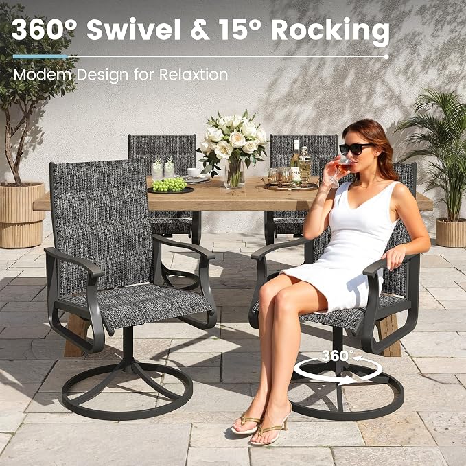 7 Pieces Patio Dining Set, Padded Patio Outdoor Furniture Set of 6 Patio Swivel Dining Chairs and Patio Spliced Rectangular Tabletop with Umbrella Hole, for Deck, Backyard, Poolside & Garden