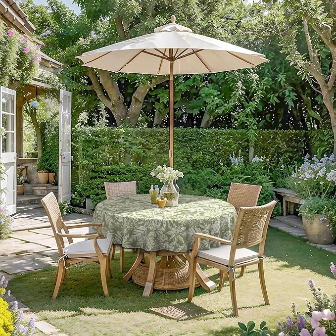 DYTXIII Outdoor Round Tablecloth with Umbrella Hole 60 Inch, Water Repellent & Fade Resistant Table Cover, All Weather Outdoor Tablecloth for Garden & Party Table, Tropical Leaf Green