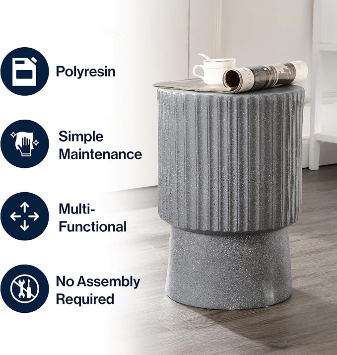 JONATHAN Y Louisa 19" Fluted Outdoor Accent Table, All-Weather Gray Terrazzo Pedestal Garden Stool, Small Round Side Table for Patio, Porch, and Living Room TBL1102A
