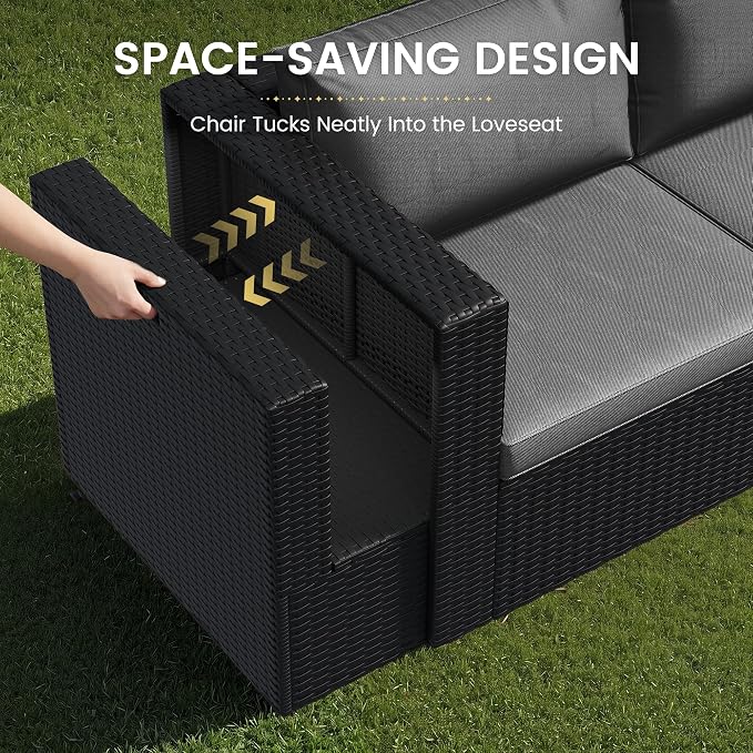 Amopatio 7 Pieces Patio Furniture Set with Fire Pit Table, All-Weather Wicker Outdoor Conversation Sofa Set with Glass Coffee Table, Cushions & Ottomans for Deck Backyard Porch Lawn Black/Dark Grey